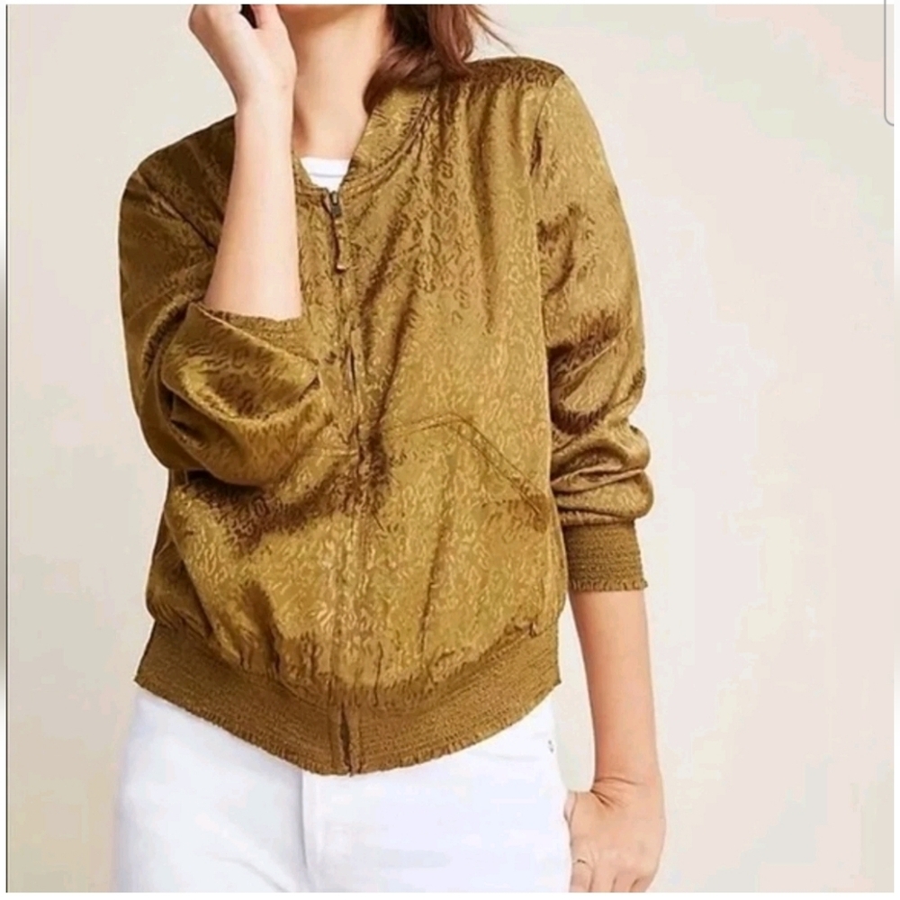Maeve by Anthropologie Textured Silky Bomber Jacket Olive Green Medium